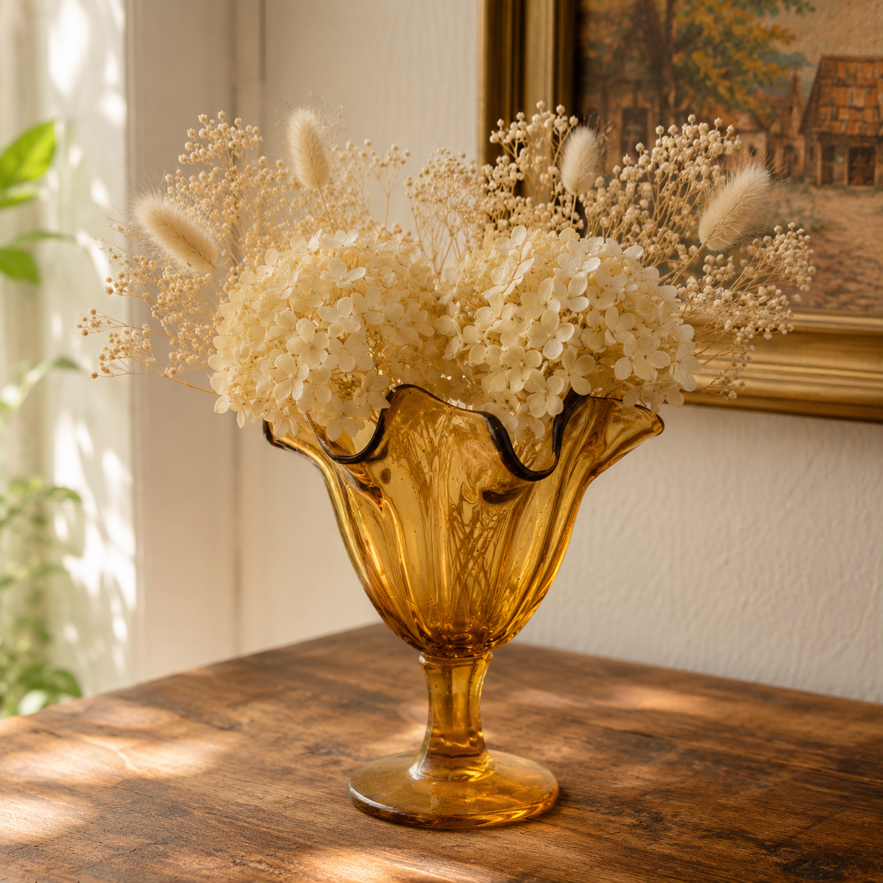 Vintage Amber Handkerchief Glass Vase | Mid Century Pedestal Vase | Scalloped Art Glass Centerpiece