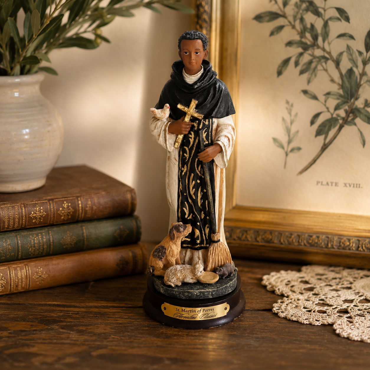 Vintage St. Martin de Porres Figurine | Florentine Classics Religious Statue | Patron Saint with Dog, Cat & Mouse