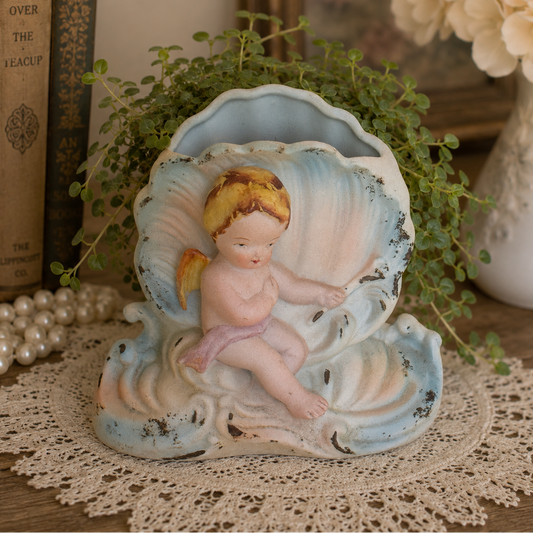 Vintage Bisque Cherub Shell Planter | Porcelain Angel Vase | Cottagecore Romantic Decor