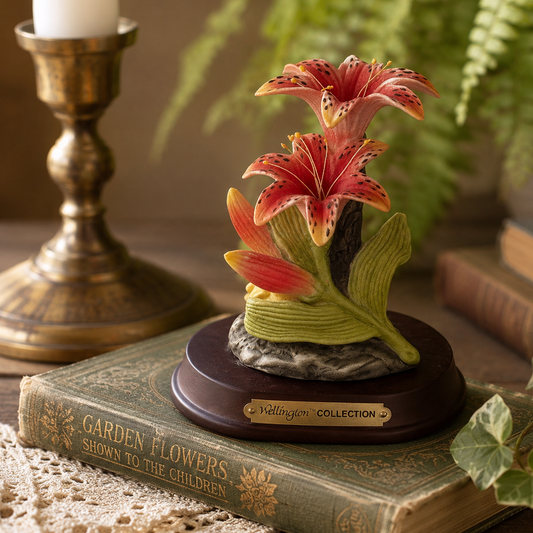 Wellington Collection Ceramic Lily Flower Figurine on Wood Pedestal | Vintage Floral Decor