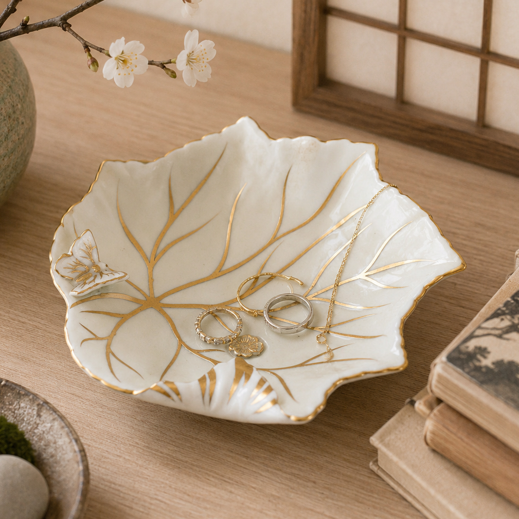 Vintage Candrea Hand Painted Leaf Dish | Made in Japan Butterfly Vanity Dish