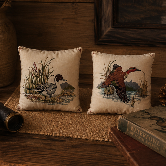 Vintage Mallard Duck Accent Pillows | Pair of Hunting Lodge Decorative Throw Pillows | Rustic Cabin Decor