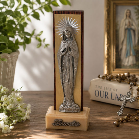 Vintage Lourdes Virgin Mary Pewter Relief Statue on Marble Base | Made in Italy | Catholic Religious Decor