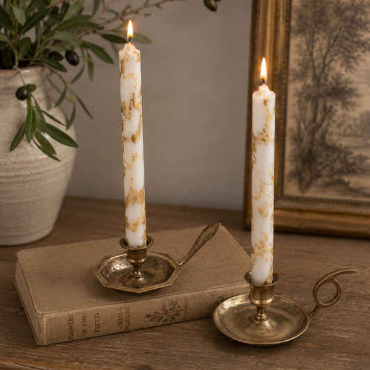 Vintage Brass Chamberstick Candlestick Holders – Mismatched Pair with Finger Loops | Primitive Cottage Decor