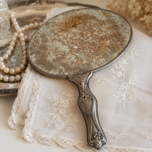 Antique Art Nouveau Hand Mirror | Ornate Floral Vanity Mirror | Silver Tone Dresser Decor