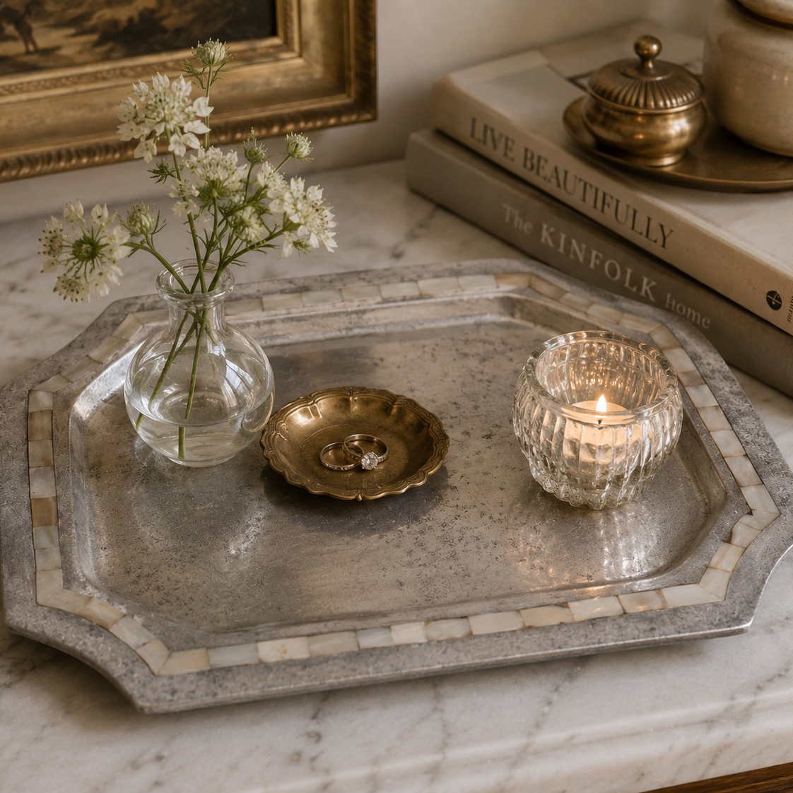 Vintage Silver-Tone Serving Tray with Mother of Pearl Inlay Border | Made in India