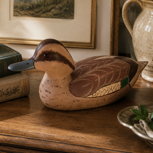 Vintage Hand Carved Green-Winged Teal Hen Duck Decoy | Signed Wooden Folk Art Waterfowl Sculpture | Dated ’81