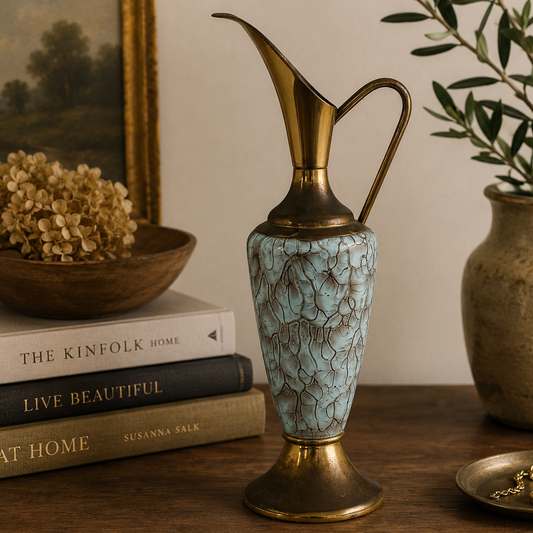 Vintage Brass & Crackle Glaze Ceramic Decorative Pitcher Vase