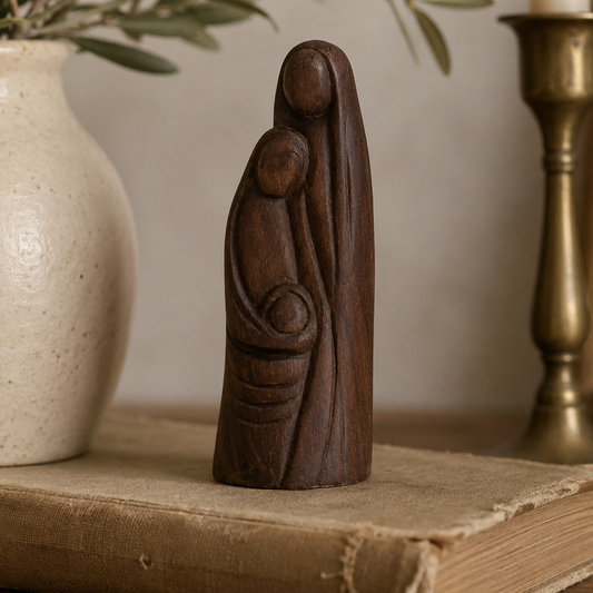 Vintage Hand-Carved Holy Family Figurine | Believed Olive Wood | Minimalist Nativity Sculpture