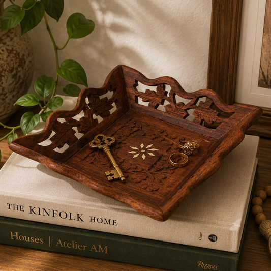 Vintage Hand Carved Indian Wood Tray with Bone Inlay Floral Dish