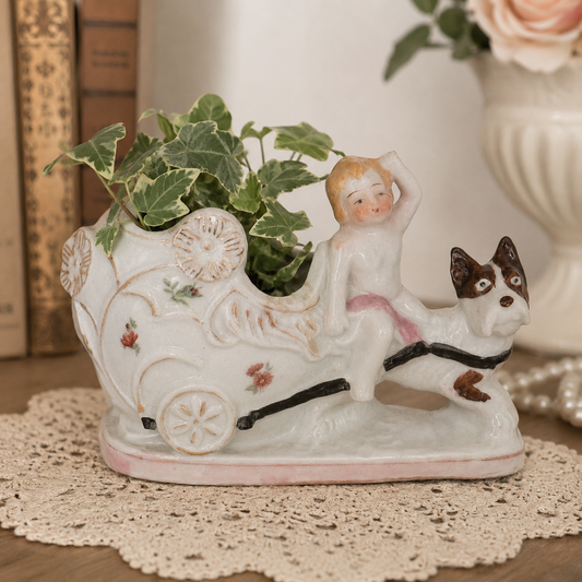 Vintage Porcelain Cherub Dog & Coach Planter | Made in Japan | Cottagecore Nursery Decor