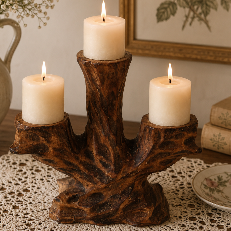 Vintage Hand Carved Wooden 3 Arm Candelabra Tree Stump Rustic Candle Holder
