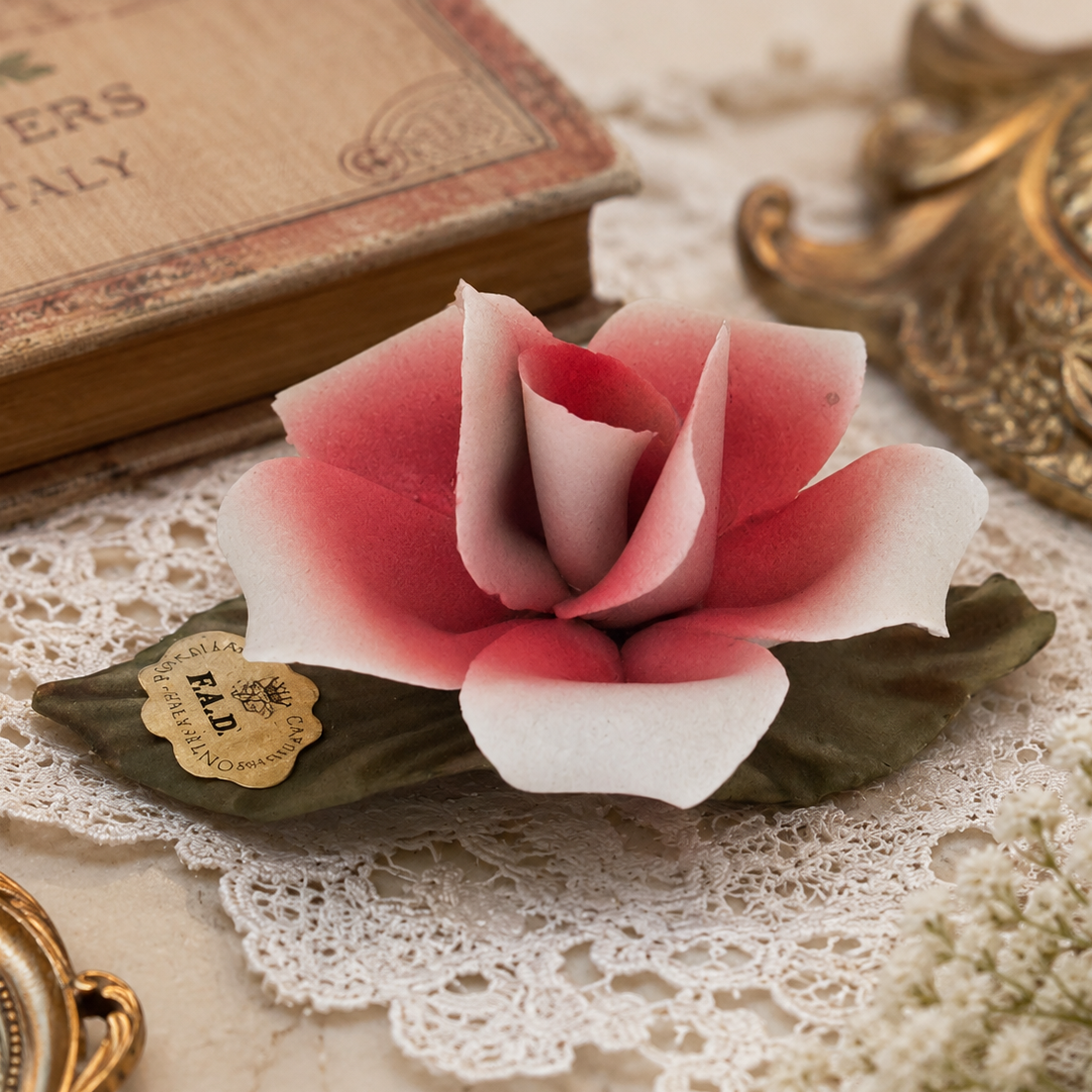 Vintage Capodimonte Porcelain Rose | Handcrafted Italian Pink Rose Floral Figurine | Bonelli Italy