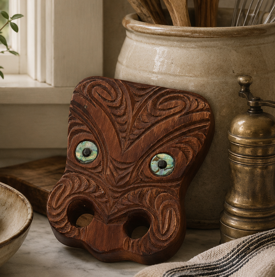 Vintage Māori Koruru Totara Wood Carving with Paua Shell Eyes | Moana Wood Carvings New Zealand Wall Art