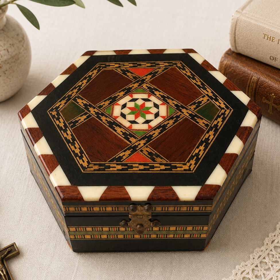 Vintage Indian Inlay Musical Jewelry Box Hexagon Wood Trinket Box