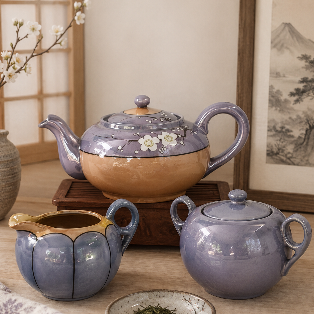 Vintage Made in Japan 3 Piece Tea Set | Hand Painted Lavender Cherry Blossom Teapot Set