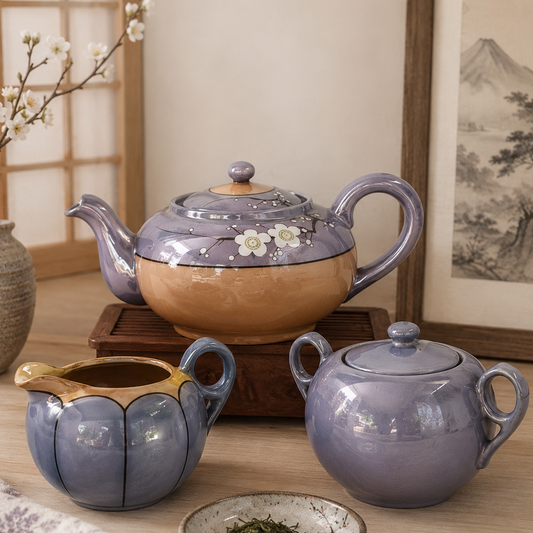 Vintage Made in Japan 3 Piece Tea Set | Hand Painted Lavender Cherry Blossom Teapot Set