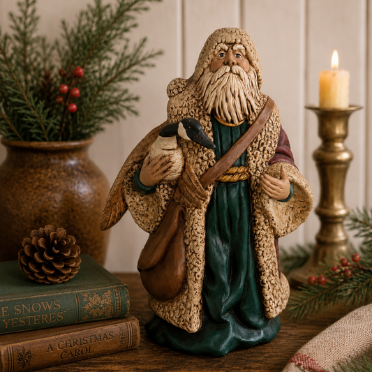 Vintage Woodland Santa with Canada Goose | Hand-Painted Ceramic Christmas Figurine | Rustic Holiday Décor