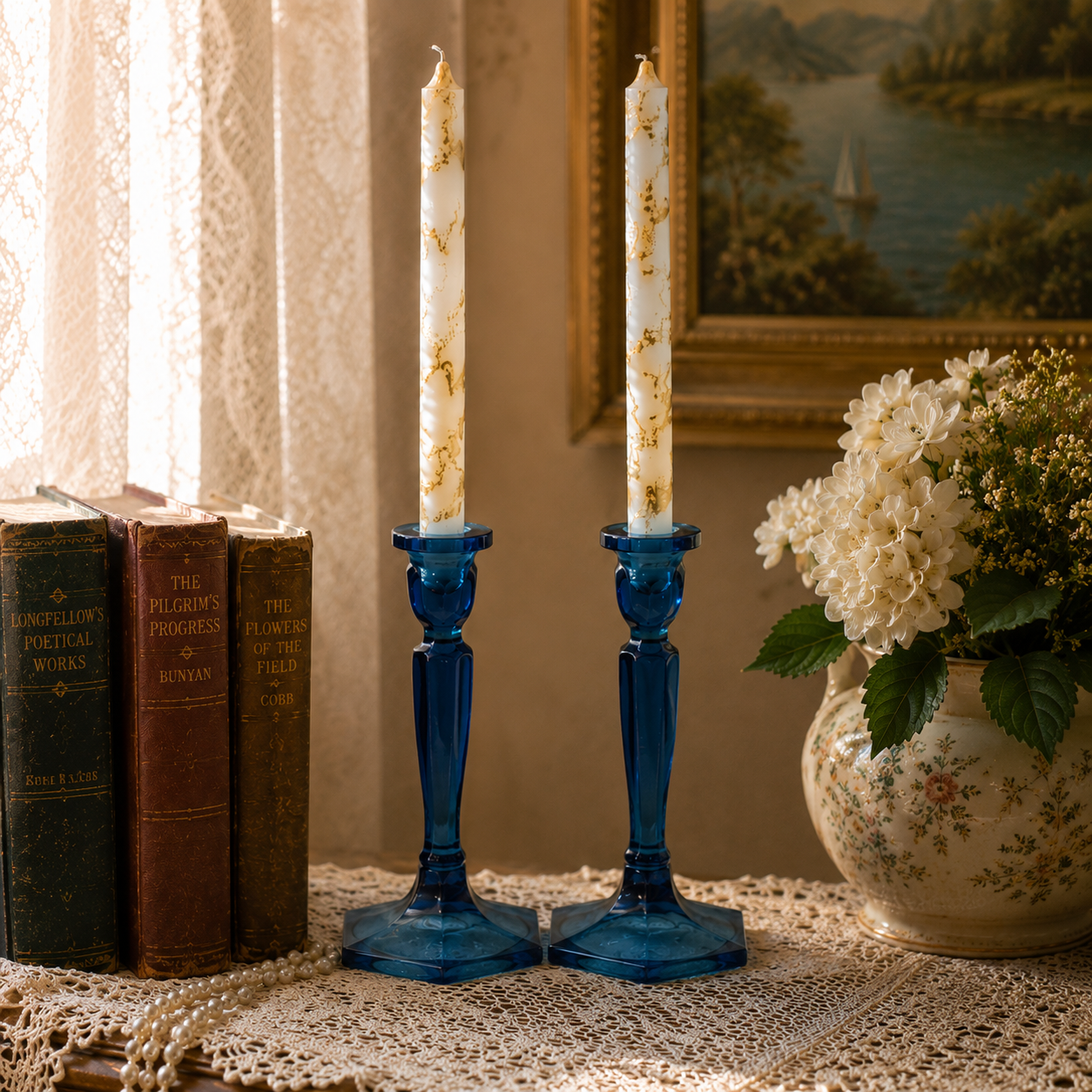 Vintage Cobalt Blue Glass Candlesticks Pair