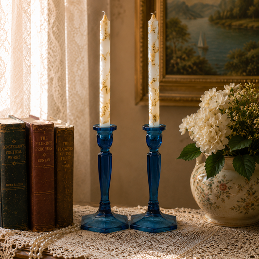 Vintage Cobalt Blue Glass Candlesticks Pair