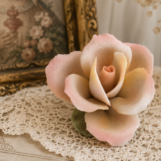 Vintage Capodimonte Style Ivory Light Pink Porcelain Rose Figurine | Handcrafted Italian Floral Decor