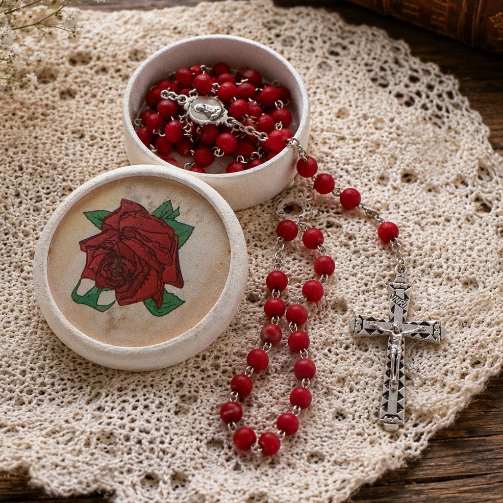 Vintage Red Rosary with Devotional Pouch | Italy Crucifix | Catholic Prayer Beads