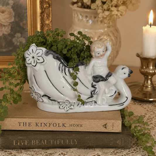 Vintage Japanese Porcelain Cherub & Swan Planter | White & Gray Cottagecore Trinket Basket