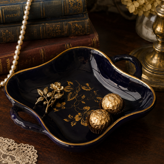 Vintage Edh Cobalt Navy Blue & Gold Handled Trinket Dish | Decorative Candy Bowl | Floral Serving Dish