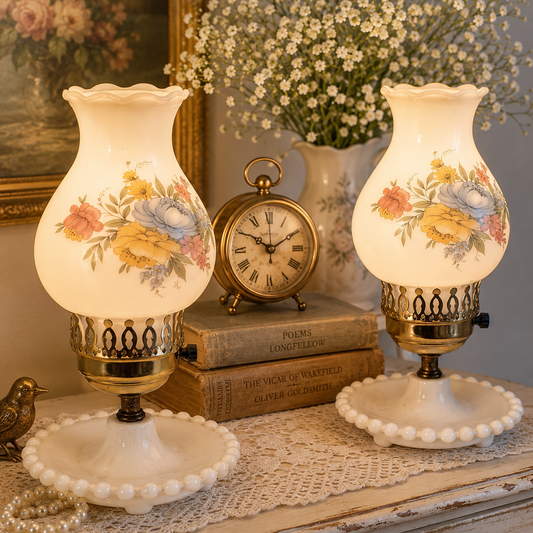 Vintage Pair of Milk Glass Hurricane Accent Lamps with Hand-Painted Floral Shades