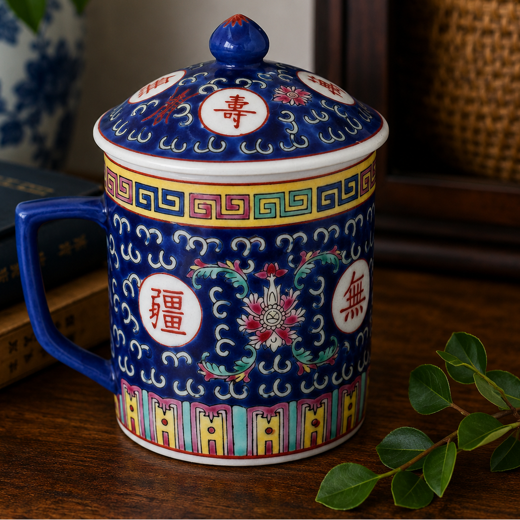 Vintage Chinese Lidded Porcelain Tea Mug | Blue Floral Longevity Moti