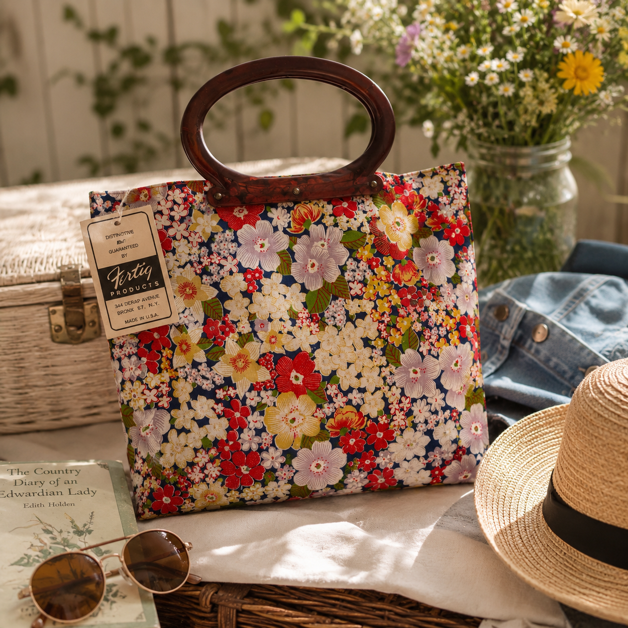 Vintage Fertig Floral Foldover Tote Bag with Bakelite Handles | Convertible Handbag | NOS Deadstock