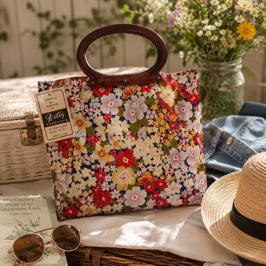 Vintage Fertig Floral Foldover Tote Bag with Bakelite Handles | Convertible Handbag | NOS Deadstock