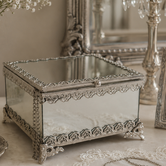 Nicole Miller Home Mirrored Glass Jewelry Box with Hinged Lid & Silver Filigree Trim