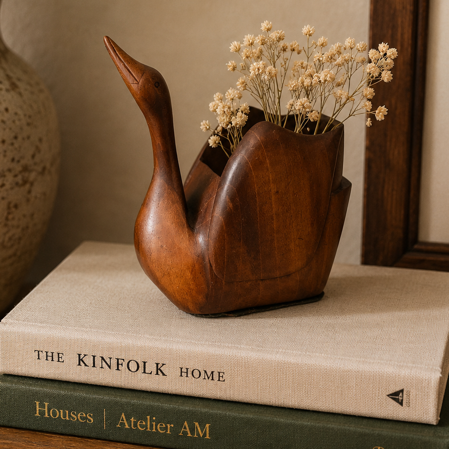 Vintage Hand Carved Wood Swan Planter Vessel Trinket Holder