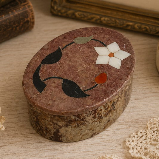 Vintage Indian Soapstone Trinket Box with Floral Inlay Small Oval Keepsake Holder