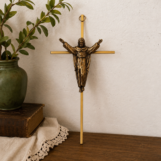 Vintage Brass Wall Cross with Risen Christ Figure in Original Box | Mid Century Christian Wall Decor | Religious Cross 10”