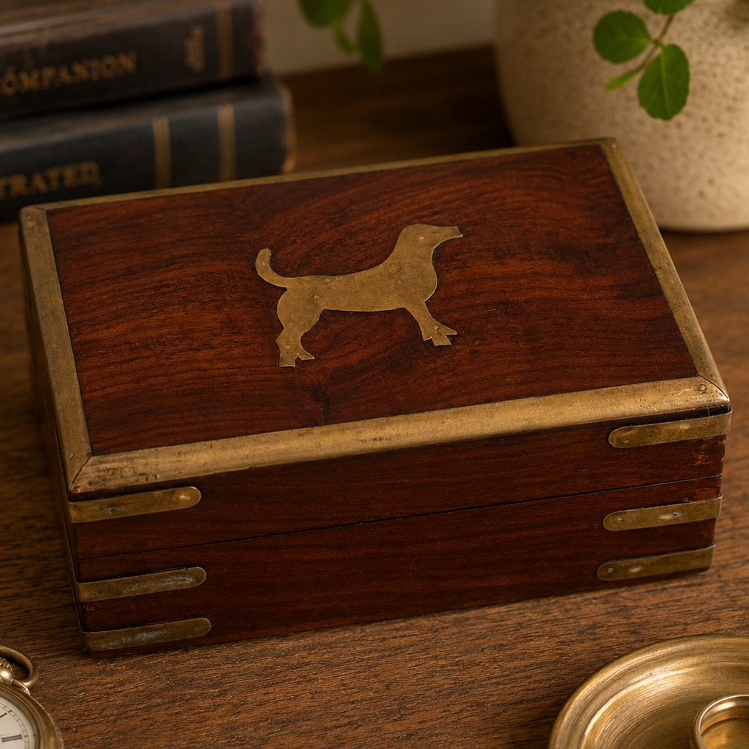 Vintage Brass & Wood Keepsake Box with Dachshund Inlay – Made in India