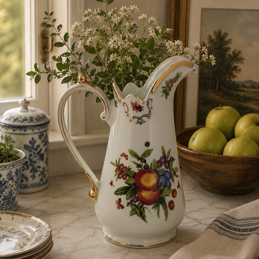 Vintage I. Godinger & Co. Fruit Motif Porcelain Pitcher Decorative Jug Gold Trim