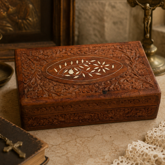 Vintage Hand Carved Wooden Jewelry Box with Bone Inlay Floral Trinket Box Made in India