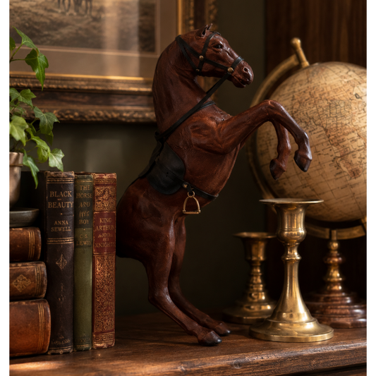 Vintage Leather Rearing Horse Figurine Equestrian Decor Brown Leather Horse Statue