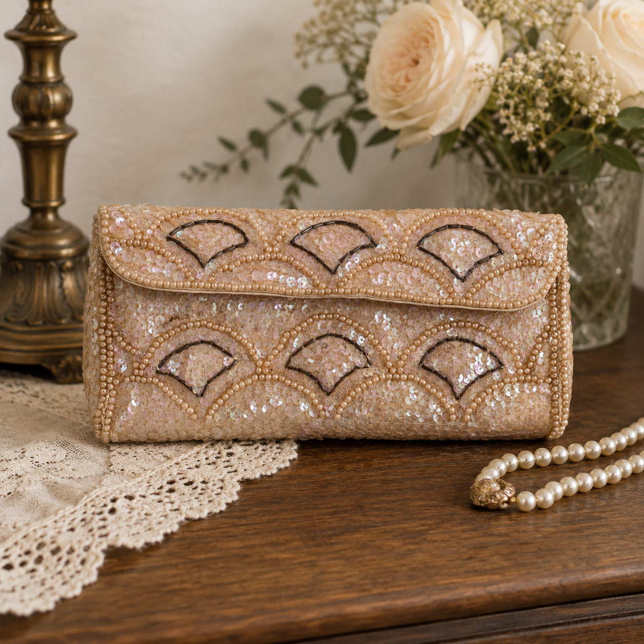 Vintage Japanese Beaded Sequin Evening Clutch Purse | Champagne Satin Formal Handbag | Made in Japan