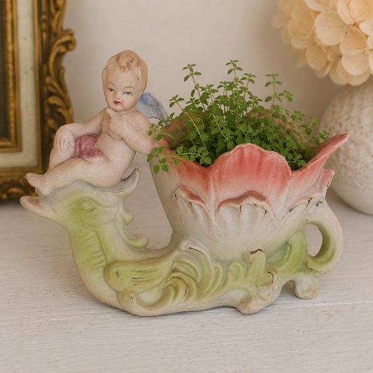 Vintage Bisque Cherub Riding Dragon Planter | Porcelain Floral Cachepot | Made in Japan | Cottagecore Decor