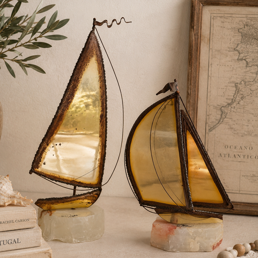 Vintage Brass Sailboat Sculpture Set on Quartz Stone Bases | Coastal Nautical Decor