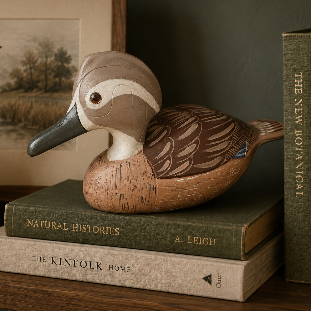 Hand Carved Wooden Duck Figurine Folk Art Coastal Decor