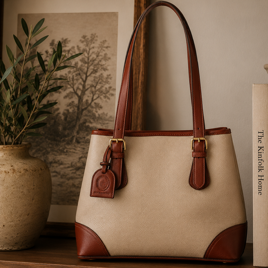 Vintage Liz Claiborne Genuine Leather Tote Bag Cream & Cognac Brown