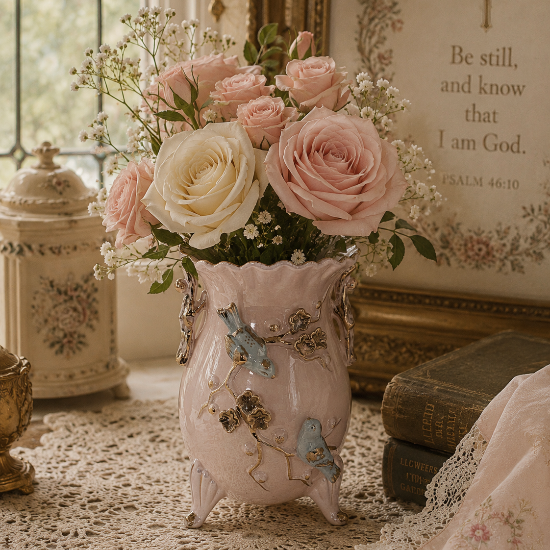 Vintage Hand Painted Japanese Porcelain Vase with Bluebirds & Raised Blossoms | Pink Lusterware Floral Vase