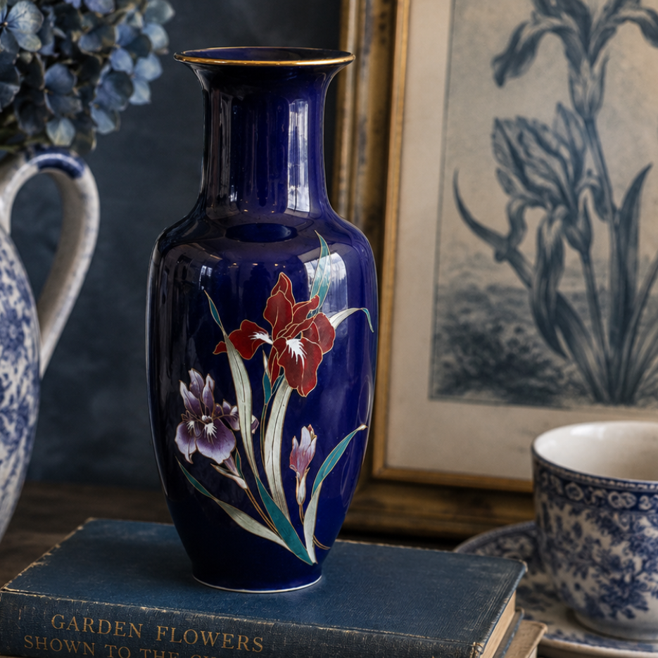 Vintage Fine China Japan Cobalt Blue Floral Vase