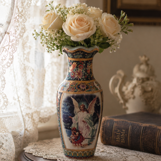 Vintage Guardian Angel Porcelain Vase Floral Gold Trim Decorative Accent 8.5”