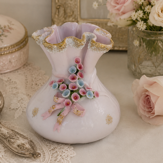 Vintage Lefton China Pink Handkerchief Vase | Applied Floral Milk Glass Bud Vase | Cottagecore Decor
