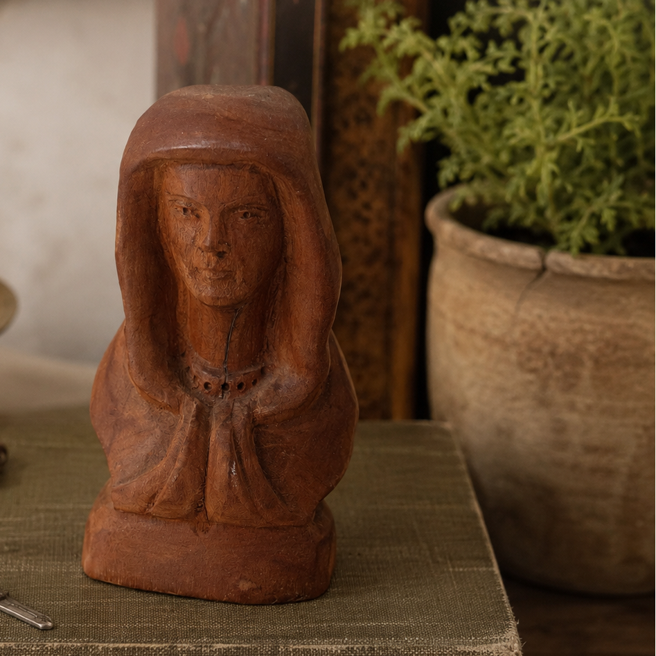 Vintage Hand Carved Wooden Woman in Prayer Figurine | Folk Art Bust | Rustic Wood Sculpture